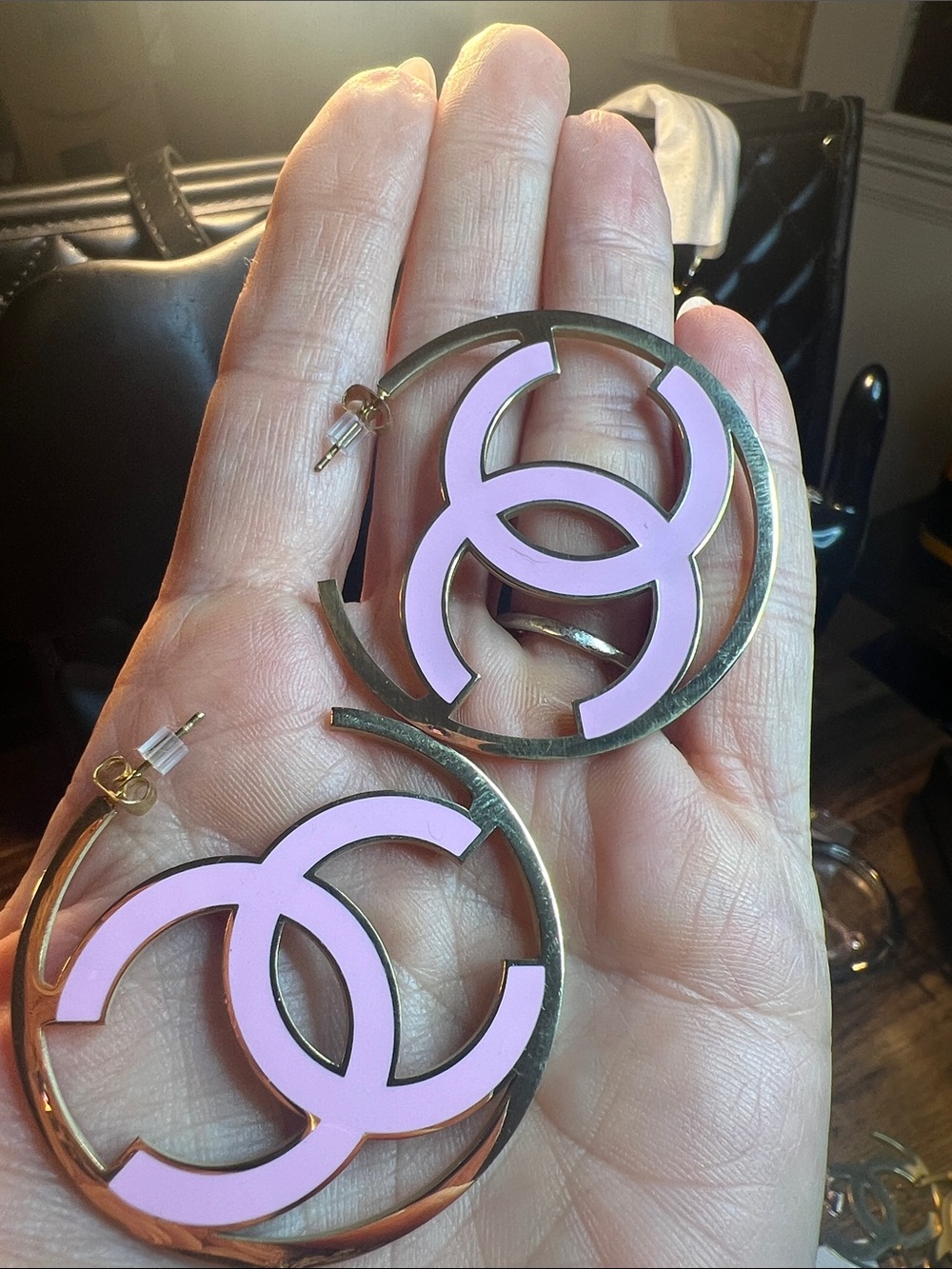 Pink Stainless Steel Hoop Earrings with Gold-Tone Accents-Reversible